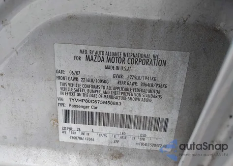 2007 Mazda Mazda6 I Sport Ve from USA, damaged, VIN 1YVHP80C675M58883